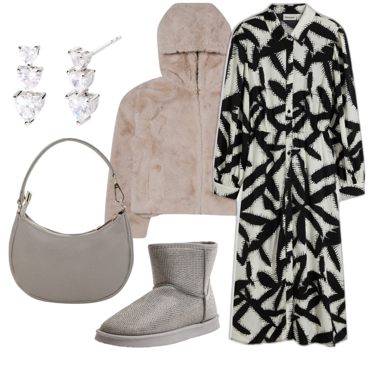 Outfit donna - Abito star. Stile Casual per Tutti i giorni. Abbinamento con vestiti midi/longuette, stivali, blazer, orecchini, borse a spalla.