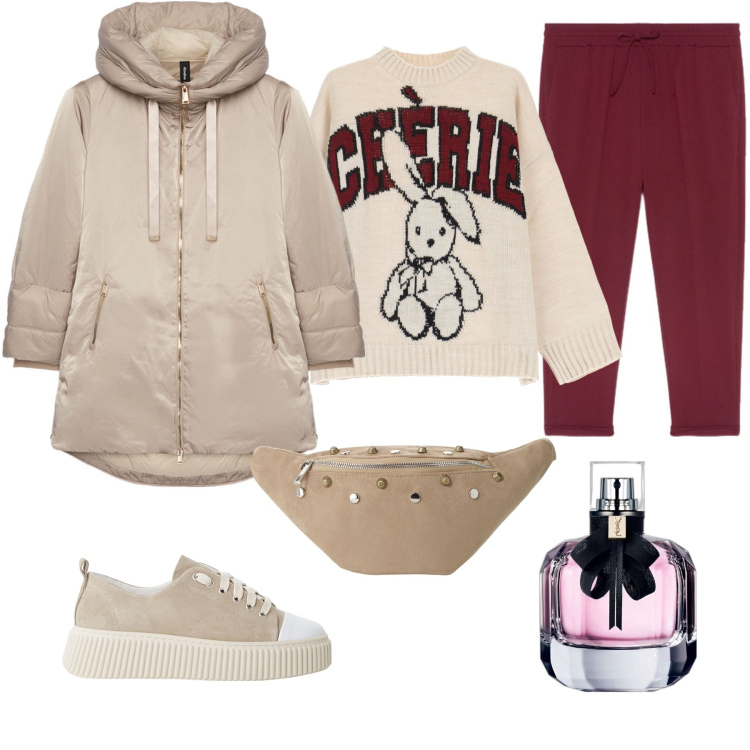Outfit donna - Ceerie. Stile Casual per Scuola/Università. Abbinamento con profumi, sneakers, maglieria, marsupi, pantaloni, piumini.