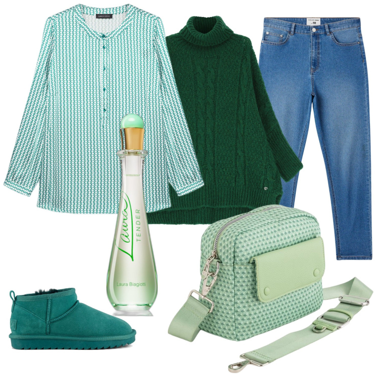 Outfit donna - Verde. Stile Casual per Tutti i giorni. Abbinamento con profumi, jeans skinny, maglieria, stivali, bluse, borse a tracolla.