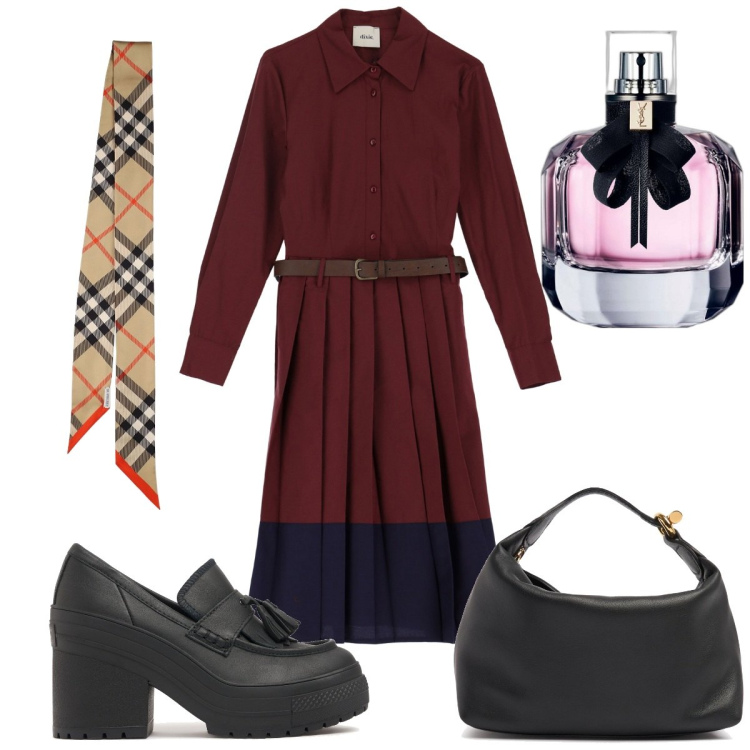 Outfit donna - Total look #2087712. Stile Trendy per Tutti i giorni. Abbinamento con profumi, vestiti midi/longuette, foulard, mocassini, borse a mano.