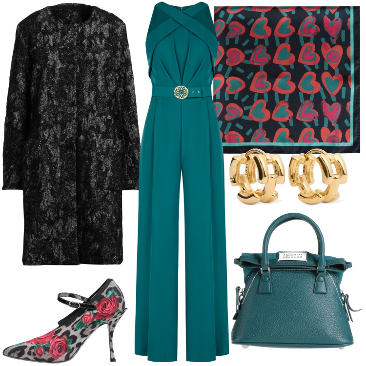 Outfit donna - Regina di cuori. Stile Chic per Serata fuori. Abbinamento con décolleté, cappotti, sciarpe, borse a mano, tute, orecchini.
