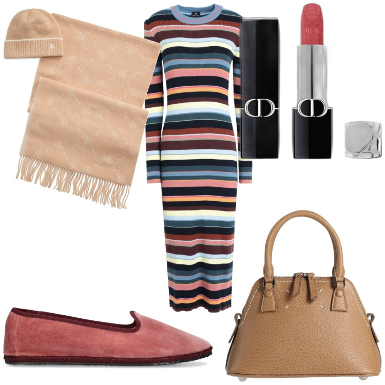 Outfit donna - Total look #2087719. Stile Trendy per Tutti i giorni. Abbinamento con vestiti midi/longuette, sciarpe, borse a mano, rossetti, mocassini.