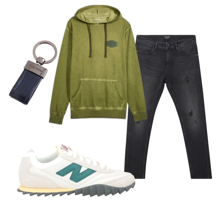 Outfit uomo - Total look #2087723. Stile Casual per Tutti i giorni. Abbinamento con sneakers, felpe con cappuccio, jeans strappati, portachiavi.