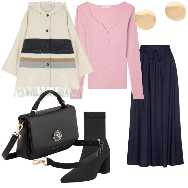 Outfit donna - Total look. Stile Urban per Tutti i giorni. Abbinamento con gonne lunghe, stivaletti, t-shirt, cappotti, orecchini, borse a cartella.
