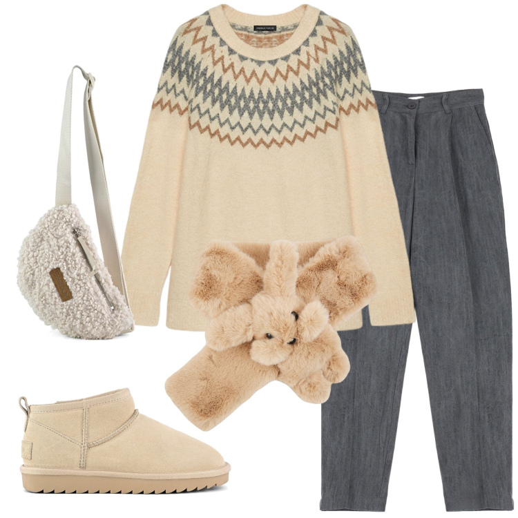 Outfit donna - Bunny style. Stile Casual per Tutti i giorni. Abbinamento con sciarpe, pantaloni, stivali, marsupi, maglieria.
