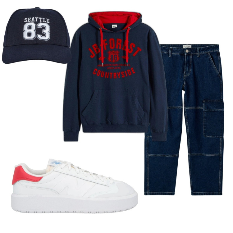 Outfit uomo - Total look #2087727. Stile Casual per Tutti i giorni. Abbinamento con felpe con cappuccio, sneakers, cappelli, jeans.