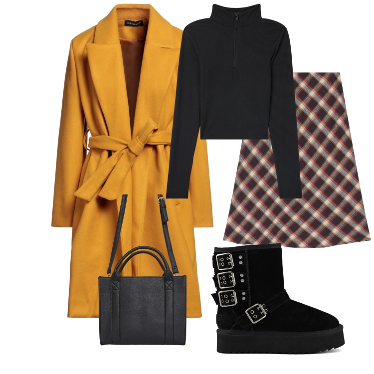 Outfit donna - Quadri anni 70. Stile Casual per Tutti i giorni. Abbinamento con cappotti, borse tote, t-shirt, gonne, stivaletti.