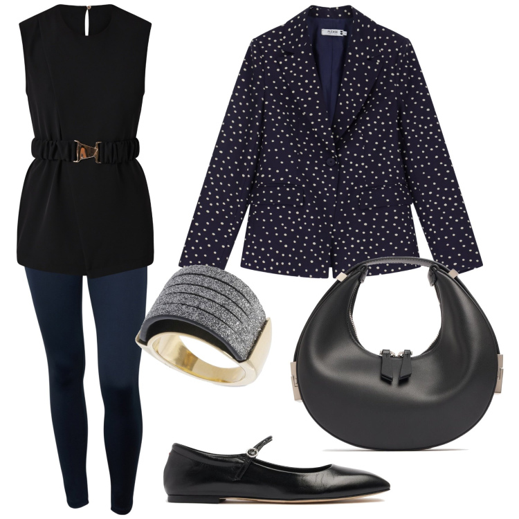 Outfit donna - Ufficio di stagione. Stile Trendy per Ufficio. Abbinamento con bluse, blazer, pantaloni skinny, borse a mano, anelli, ballerine.