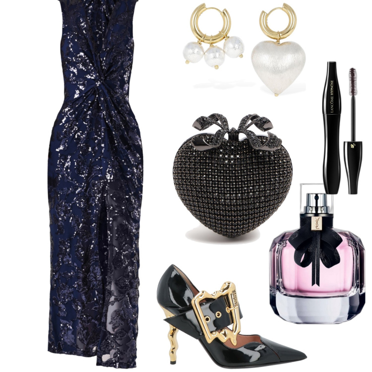 Outfit donna - Super chic madame. Stile Glamour per Serata fuori. Abbinamento con décolleté, profumi, mascara, vestiti lunghi, pochette, orecchini.