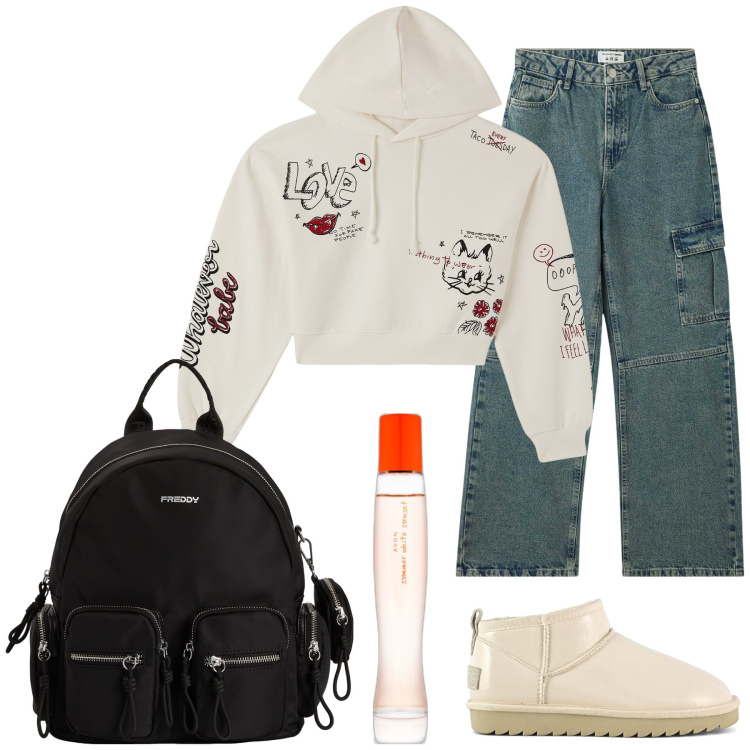 Outfit donna - Avon parfums. Stile Casual per Tutti i giorni. Abbinamento con profumi, jeans, felpe con cappuccio, zaini, stivali.