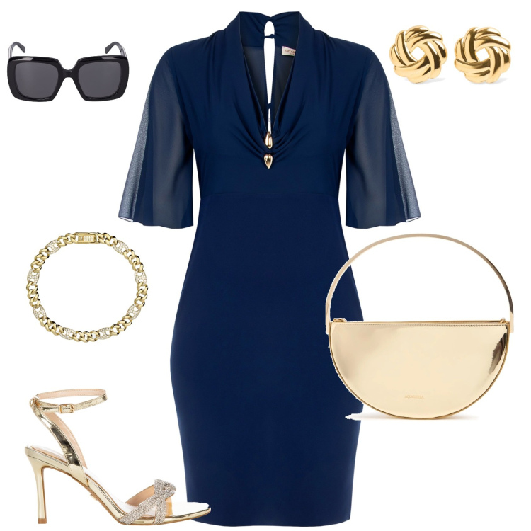Outfit donna - Prima comunione elegante. Stile Chic per Cerimonia. Abbinamento con braccialetti, vestiti a tubino, sandali col tacco, pochette, orecchini, occhiali da sole.