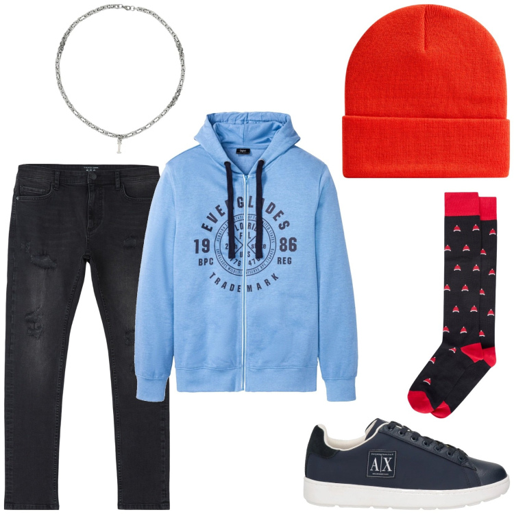 Outfit uomo - Total look #2087743. Stile Casual per Tutti i giorni. Abbinamento con felpe con cappuccio, sneakers, jeans strappati, berretti, collane, calzini.