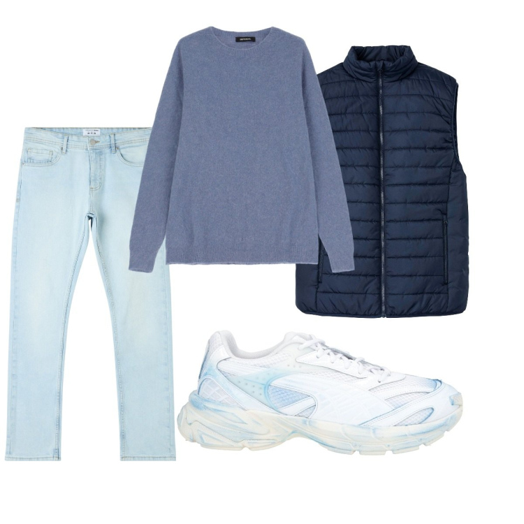 Outfit uomo - Total look #2087754. Stile Casual per Tutti i giorni. Abbinamento con gilet, sneakers, jeans dritti, maglieria.