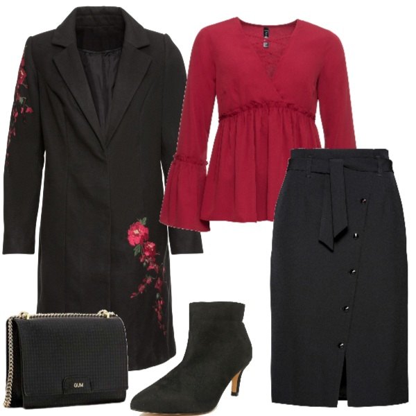 Outfit donna - Invito di Natale. Stile Chic per Cerimonia. Abbinamento con blusa con scollo in maglina, gonna con bottoni, cappotto con ricamo e bottoni nero, stivaletti con tacco spillo, borsa a tracolla fantasia nero.