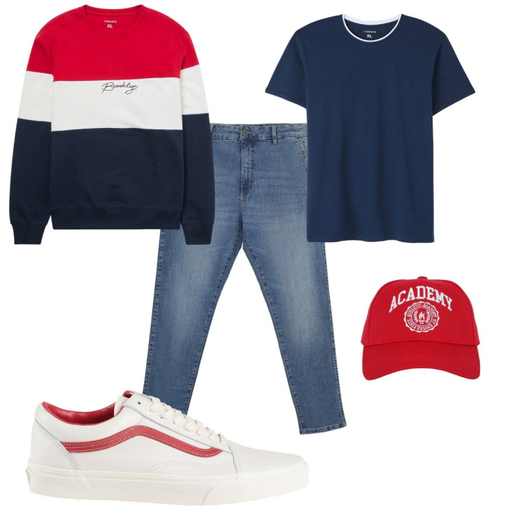 Outfit uomo - Total look #2087760. Stile Casual per Tutti i giorni. Abbinamento con sneakers, t-shirt, cappelli, felpe, jeans skinny.