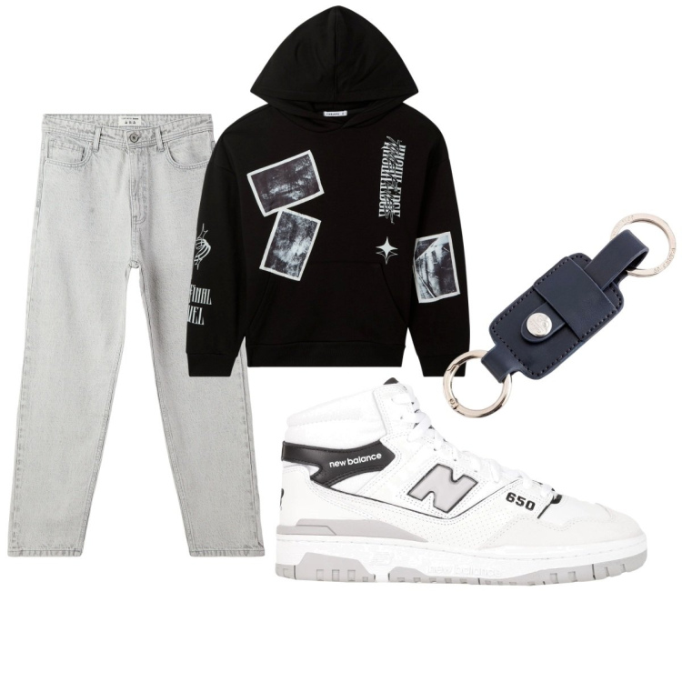Outfit uomo - Total look #2087767. Stile Casual per Tutti i giorni. Abbinamento con sneakers alte, felpe con cappuccio, jeans, portachiavi.