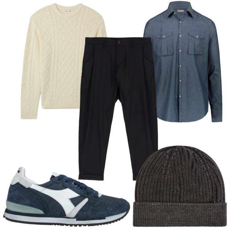 Outfit uomo - Total look #2087772. Stile Trendy per Tutti i giorni. Abbinamento con sneakers, berretti, maglieria, pantaloni, camicie.