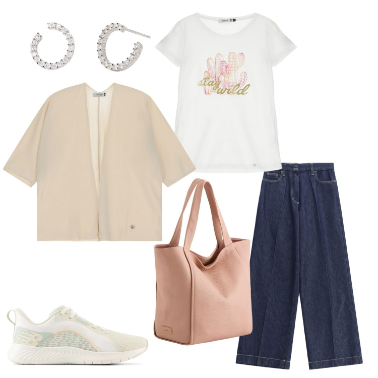 Outfit donna - Total primavera. Stile Casual per Tutti i giorni. Abbinamento con orecchini, sneakers, t-shirt, jeans, cardigans, shopping bag.