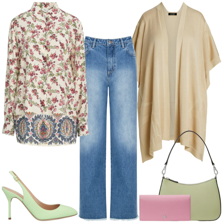 Outfit donna - La Maxi Camicia. Stile Boho per Tutti i giorni. Abbinamento con camicie, décolleté, jeans dritti, borse a spalla, cappe, portafogli.