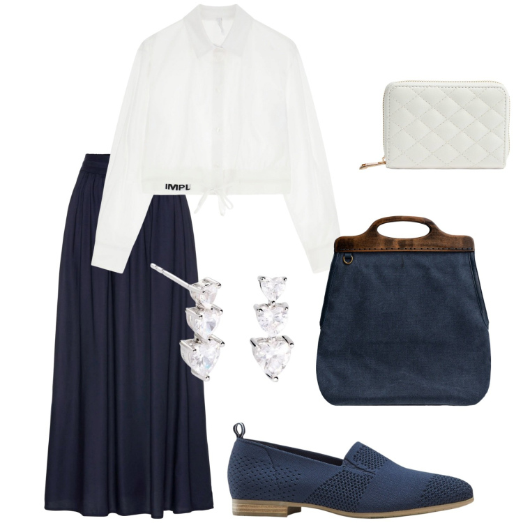 Outfit donna - Total look #2087805. Stile Casual chic per Ufficio. Abbinamento con gonne lunghe, mocassini, portafogli, orecchini, camicie, borse a tracolla.