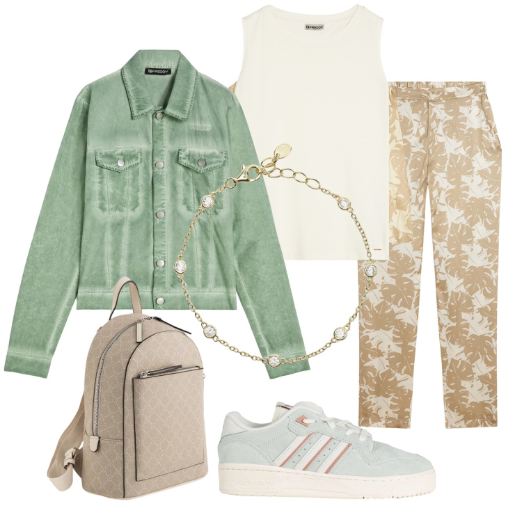 Outfit donna - Giacca verde denim. Stile Casual per Tutti i giorni. Abbinamento con sneakers, braccialetti, blazer, pantaloni, canottiere, zaini.