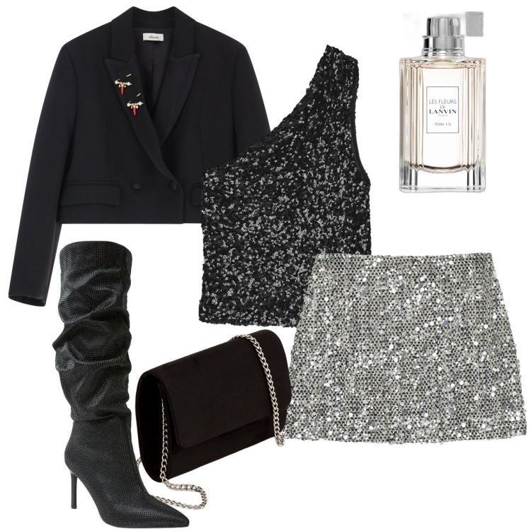 Outfit donna - Completo in paillettes. Stile Glamour per Serata fuori. Abbinamento con profumi, stivali, minigonne, top, blazer, pochette.