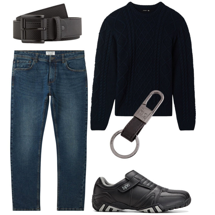 Outfit uomo - Total look #2087812. Stile Casual per Tutti i giorni. Abbinamento con scarpe stringate, jeans, maglieria, cinture, portachiavi.