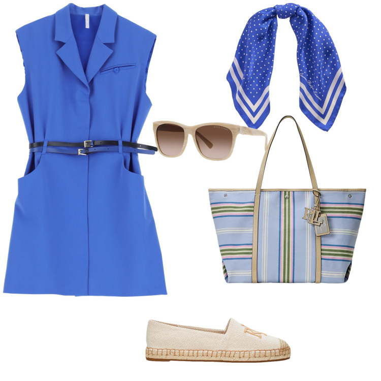 Outfit donna - Prime uscite di primavera. Stile Casual chic per Ufficio. Abbinamento con vestiti corti, occhiali da sole, borse tote, espadrillas, foulard.