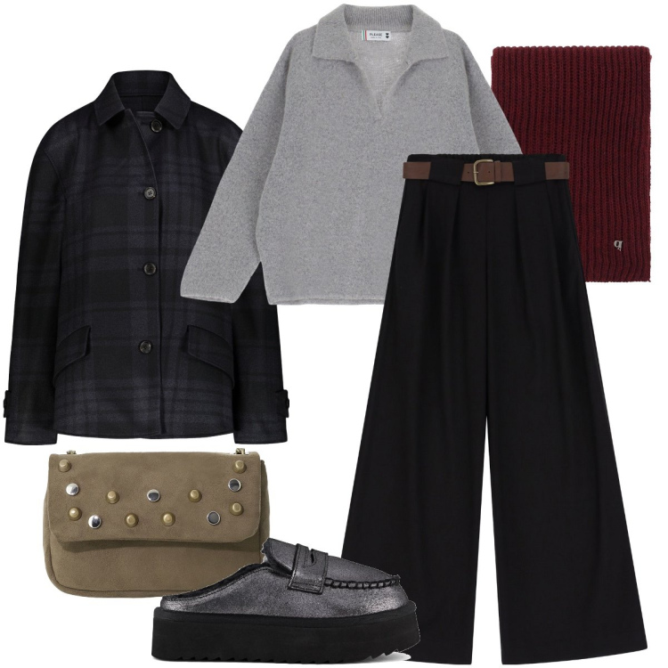 Outfit donna - La pochette scamosciata. Stile Urban per Tutti i giorni. Abbinamento con pullovers, pantaloni a palazzo, sciarpe, borse a tracolla, blazer, mocassini.