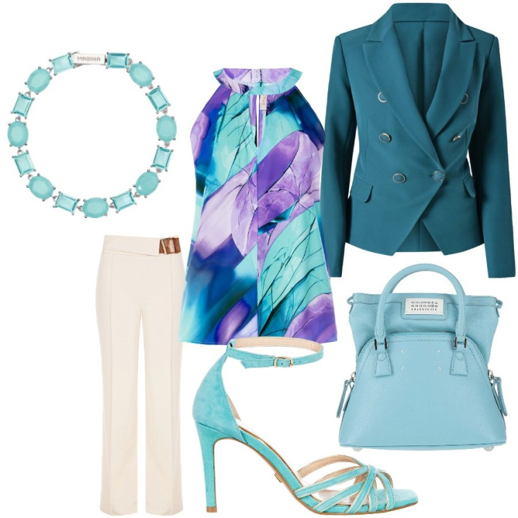 Outfit donna - Total look #2087815. Stile Chic per Serata fuori. Abbinamento con borse a mano, braccialetti, top, sandali col tacco, pantaloni, blazer.