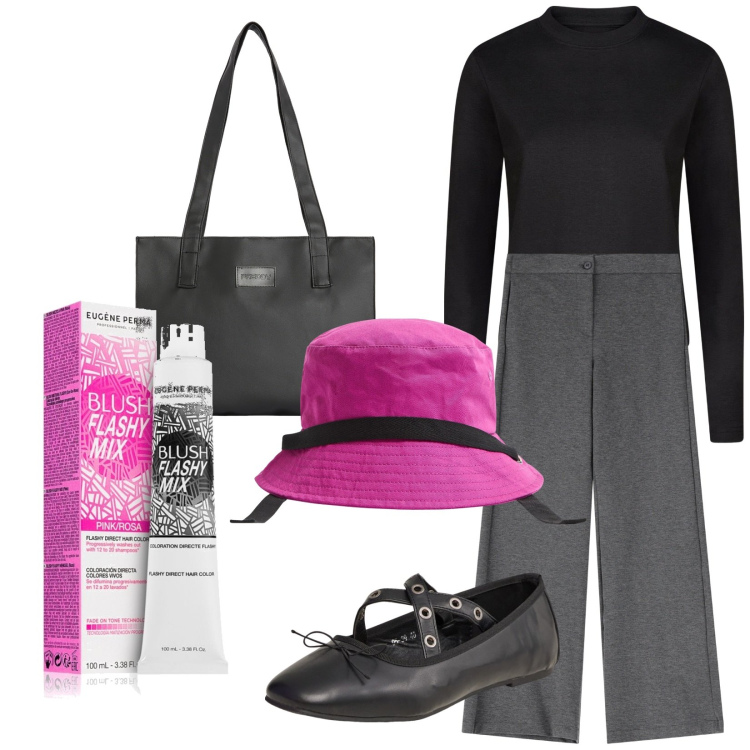 Outfit donna - Pronta in un flash. Stile Basic per Ufficio. Abbinamento con blush, cappelli, ballerine, pantaloni, shopping bag, t-shirt.