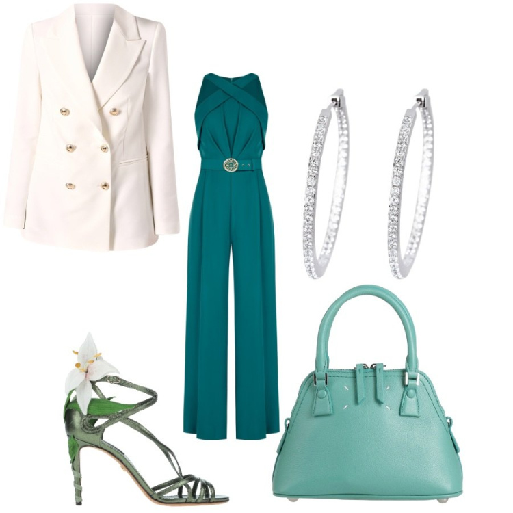 Outfit donna - Il sandalo. Stile Chic per Serata fuori. Abbinamento con sandali in pelle, borse a mano, tute, blazer, orecchini.