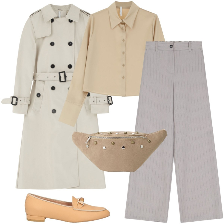 Outfit donna - Il marsupio grazioso. Stile Bon Ton per Ufficio. Abbinamento con mocassini, camicie, trench, pantaloni a palazzo, marsupi.