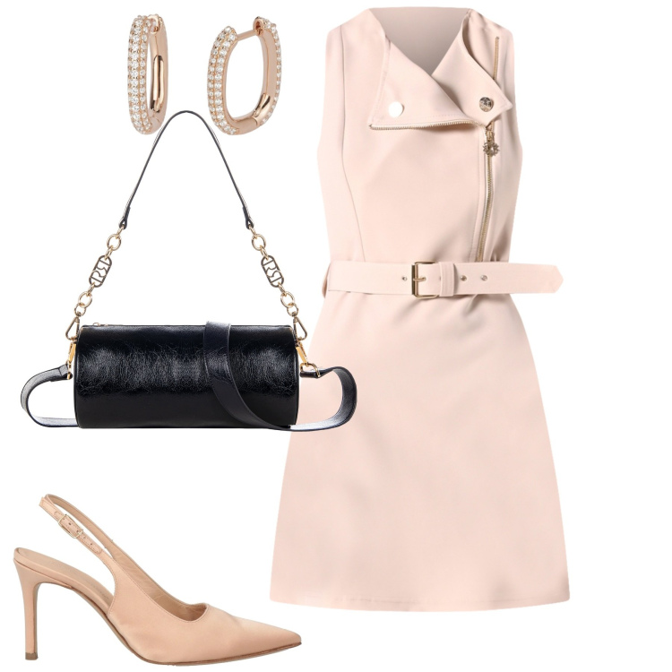 Outfit donna - City. Stile Urban per Tutti i giorni. Abbinamento con décolleté, vestiti corti, borse a mano, orecchini.