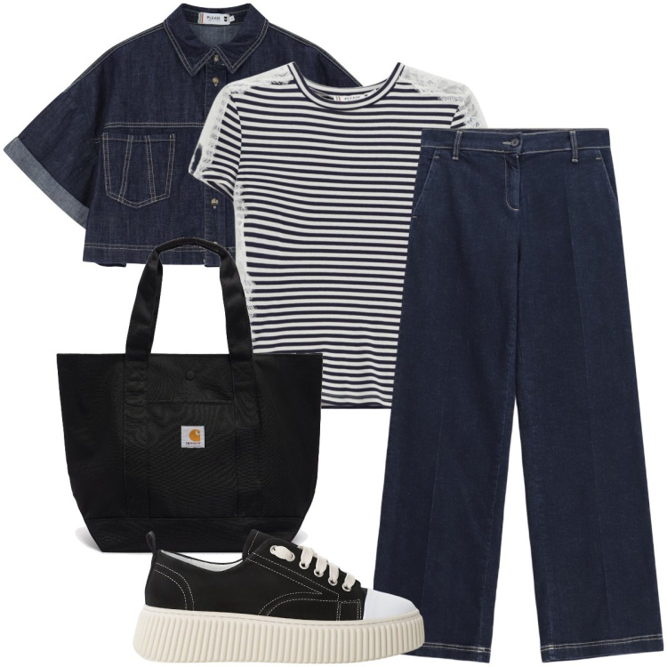 Outfit donna - Il completo in jeans. Stile Casual per Tutti i giorni. Abbinamento con blazer, jeans dritti, t-shirt, sneakers, borse tote.