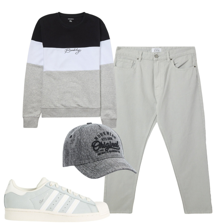 Outfit uomo - City. Stile Casual per Tutti i giorni. Abbinamento con sneakers, felpe, cappelli, pantaloni.