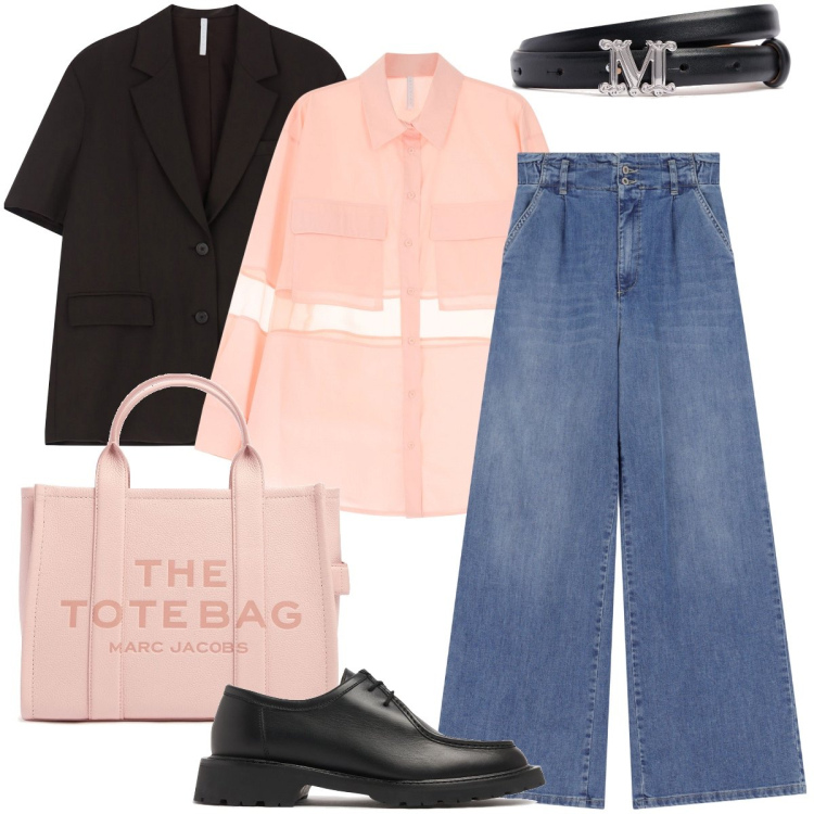 Outfit donna - Il blazer con le maniche corte. Stile Trendy per Ufficio. Abbinamento con jeans, camicie, blazer, shopping bag, cinture, scarpe stringate.