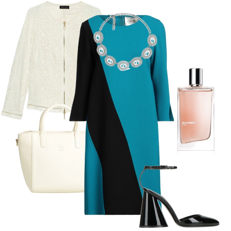 Outfit donna - Il vestito bicolor. Stile Bon Ton per Cerimonia. Abbinamento con vestiti corti, borse a mano, décolleté, profumi, blazer, collane.