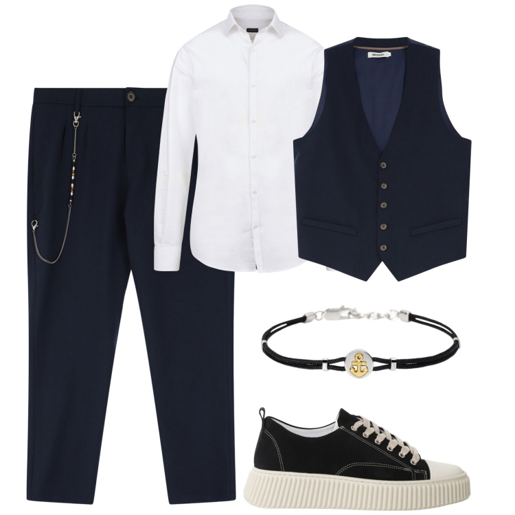 Outfit uomo - City. Stile Trendy per Tutti i giorni. Abbinamento con braccialetti, pantaloni, gilet, sneakers, camicie.