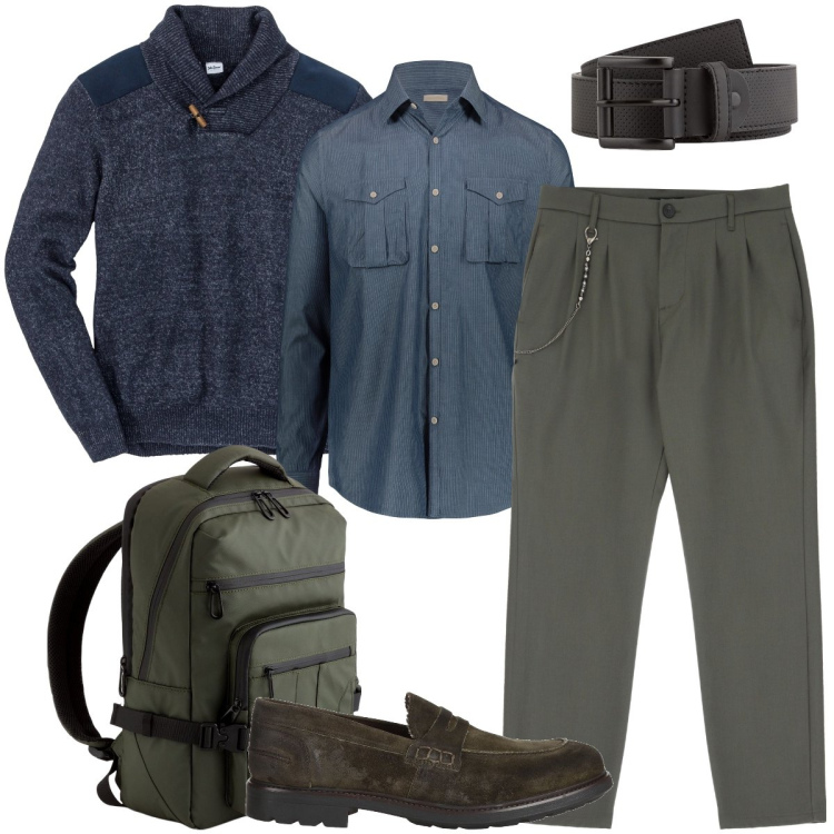 Outfit uomo - In ufficio. Stile Business/Elegante per Ufficio. Abbinamento con maglieria, scarpe stringate, pantaloni, camicie, borse sportive, cinture.