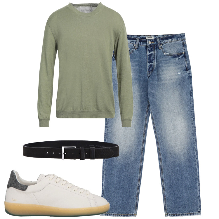 Outfit uomo - City. Stile Casual per Tutti i giorni. Abbinamento con sneakers, pullovers, jeans, cinture.