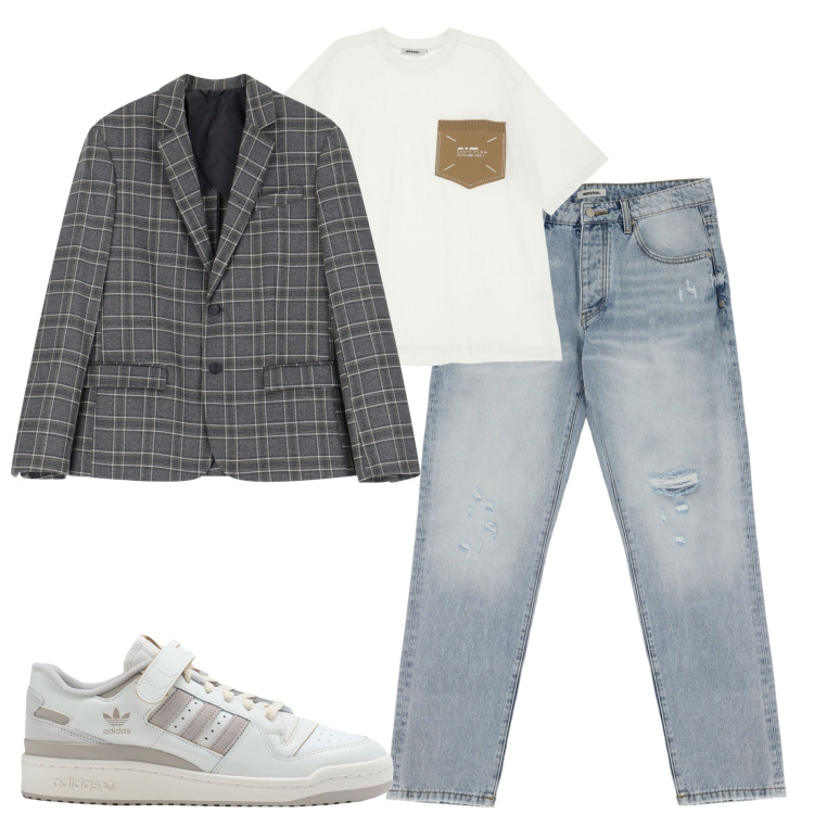 Outfit uomo - City. Stile Urban per Tutti i giorni. Abbinamento con sneakers, jeans strappati, t-shirt, giacche.