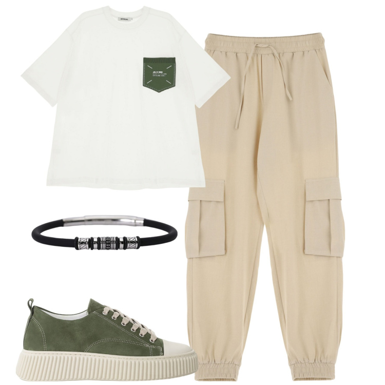 Outfit uomo - I cargo Imperial. Stile Casual per Tutti i giorni. Abbinamento con braccialetti, pantaloni cargo, t-shirt, sneakers.
