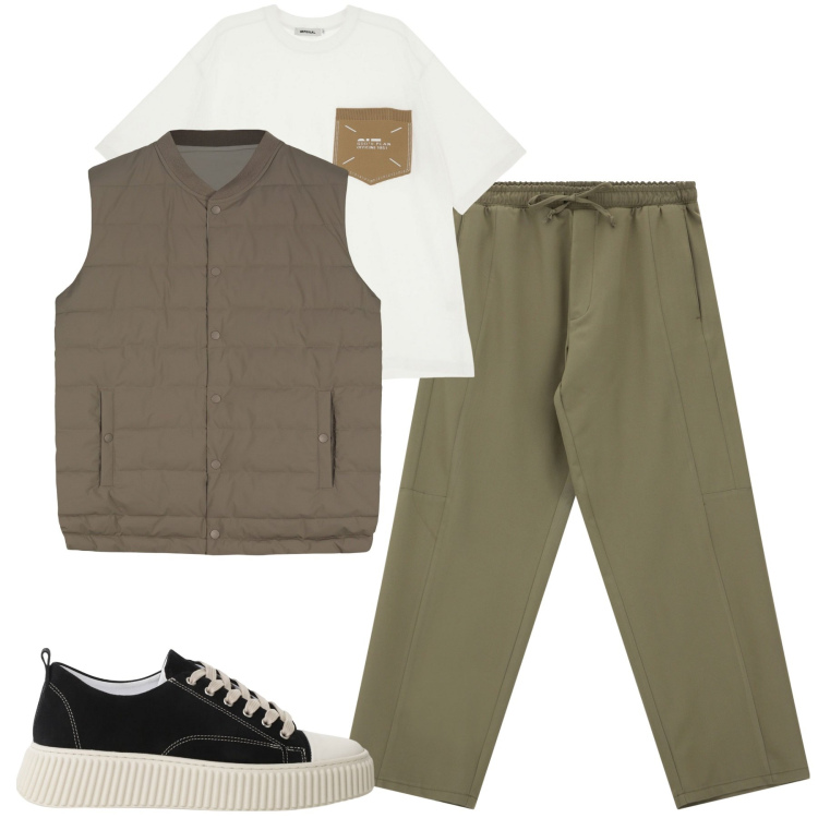 Outfit uomo - City. Stile Casual per Tutti i giorni. Abbinamento con pantaloni cargo, t-shirt, sneakers, gilet.