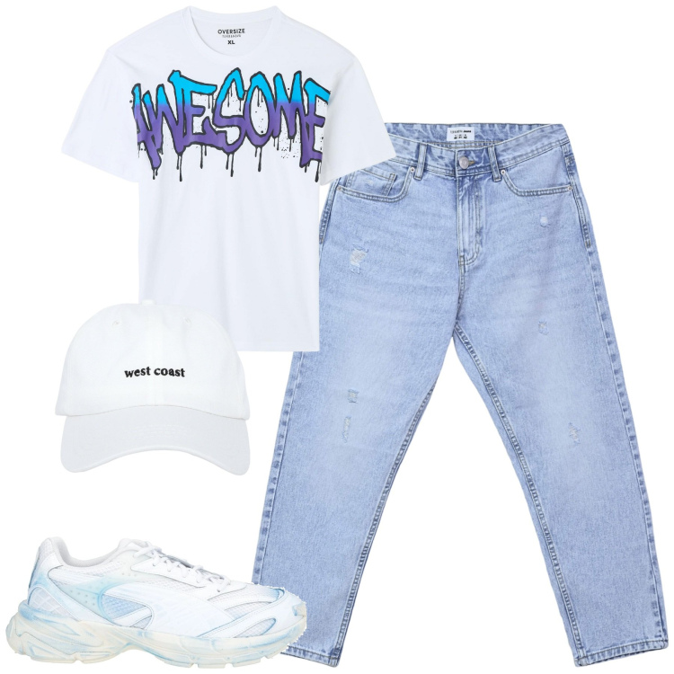 Outfit uomo - Total look #2087886. Stile Casual per Tutti i giorni. Abbinamento con sneakers, t-shirt, cappelli, jeans strappati.