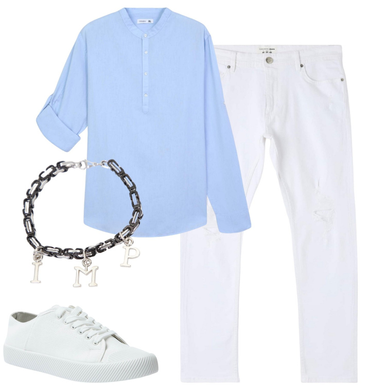 Outfit uomo - City. Stile Trendy per Tutti i giorni. Abbinamento con jeans strappati, camicie, sneakers, braccialetti.
