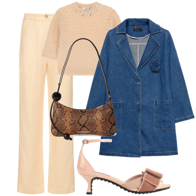 Outfit donna - Denim trench coat. Stile Casual chic per Tutti i giorni. Abbinamento con sandali in pelle, maglieria, trench, pantaloni, borse a spalla.