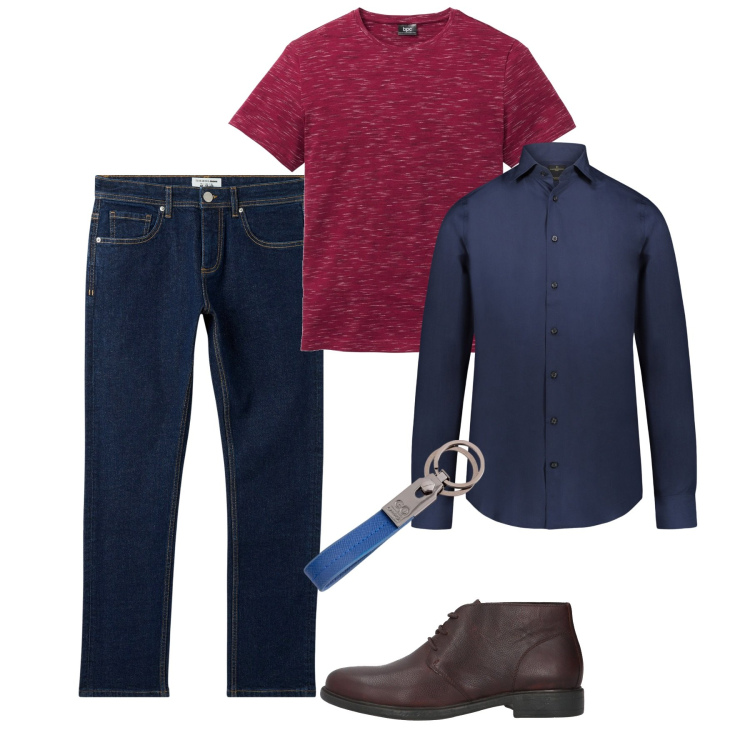 Outfit uomo - Casual blu. Stile Casual per Tutti i giorni. Abbinamento con t-shirt, stivali e stivaletti, jeans, camicie, portachiavi.