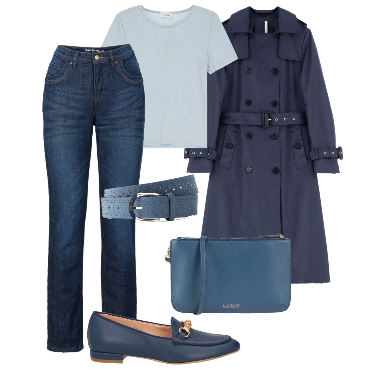 Outfit donna - Basica in ordine a fine marzo. Stile Basic per Tutti i giorni. Abbinamento con jeans dritti, cinture, mocassini, borse a tracolla, trench, t-shirt.