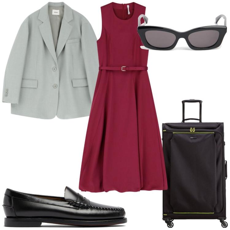 Outfit donna - Total look #2087917. Stile Trendy per Tutti i giorni. Abbinamento con vestiti midi/longuette, blazer, mocassini, occhiali da sole, valigie.